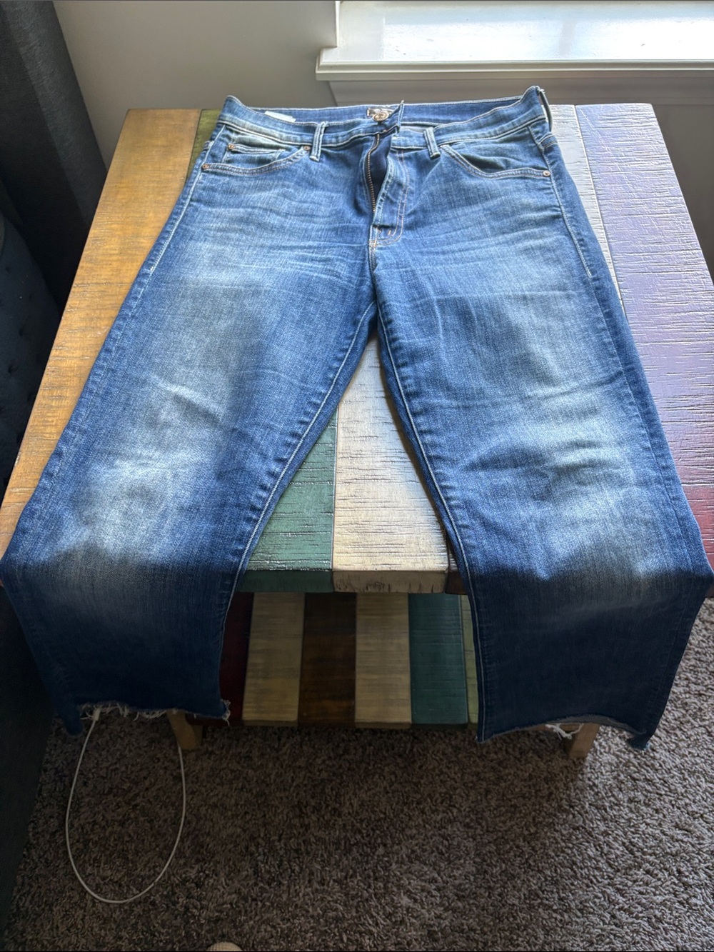 MOTHER Women's Mid-Blue Distressed Crop Jeans